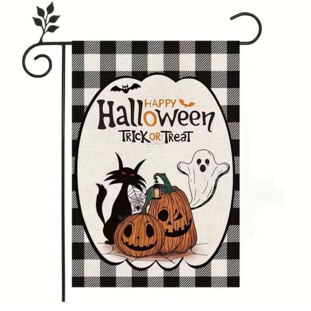 Halloween Decoration Garden Flag Black&White Plaid Pumpkin Black Cat Autumn Fall